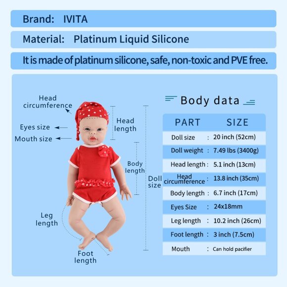 IVITA 20'' Full Soft Body Silicone Newborn Smiling Open Eyes Baby Girl Doll - Picture 4 of 14